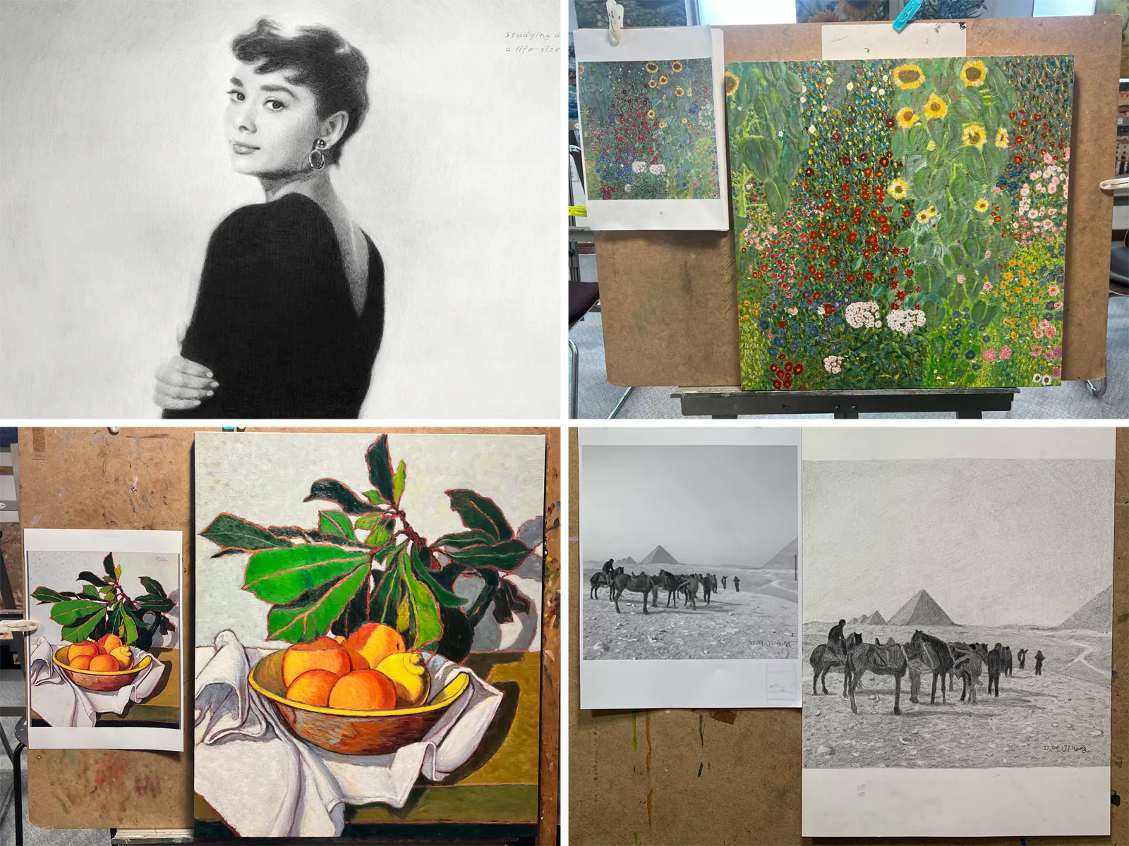 창원 성인 취미미술 수강생이 완성한 기초 뎃생과 유화 작품 예시