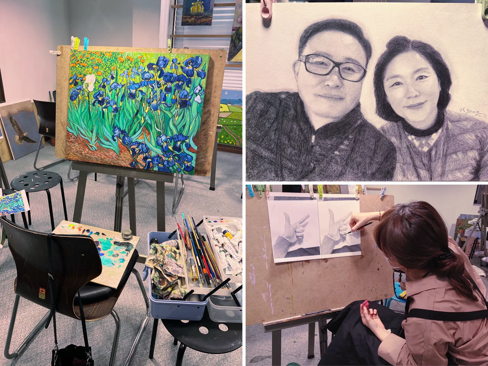 사파동 색온도 화실 내부에서 성인 수강생이 기초 뎃생으로 인물화를 연습하는 모습