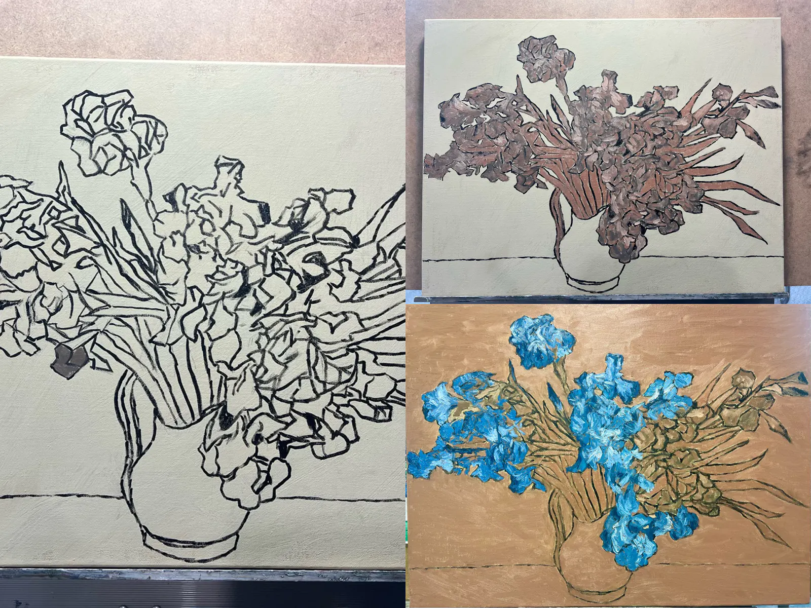 기초 유화 수업에서 최소 색상으로 명도와 채도를 익히며 작품이 발전하는 과정