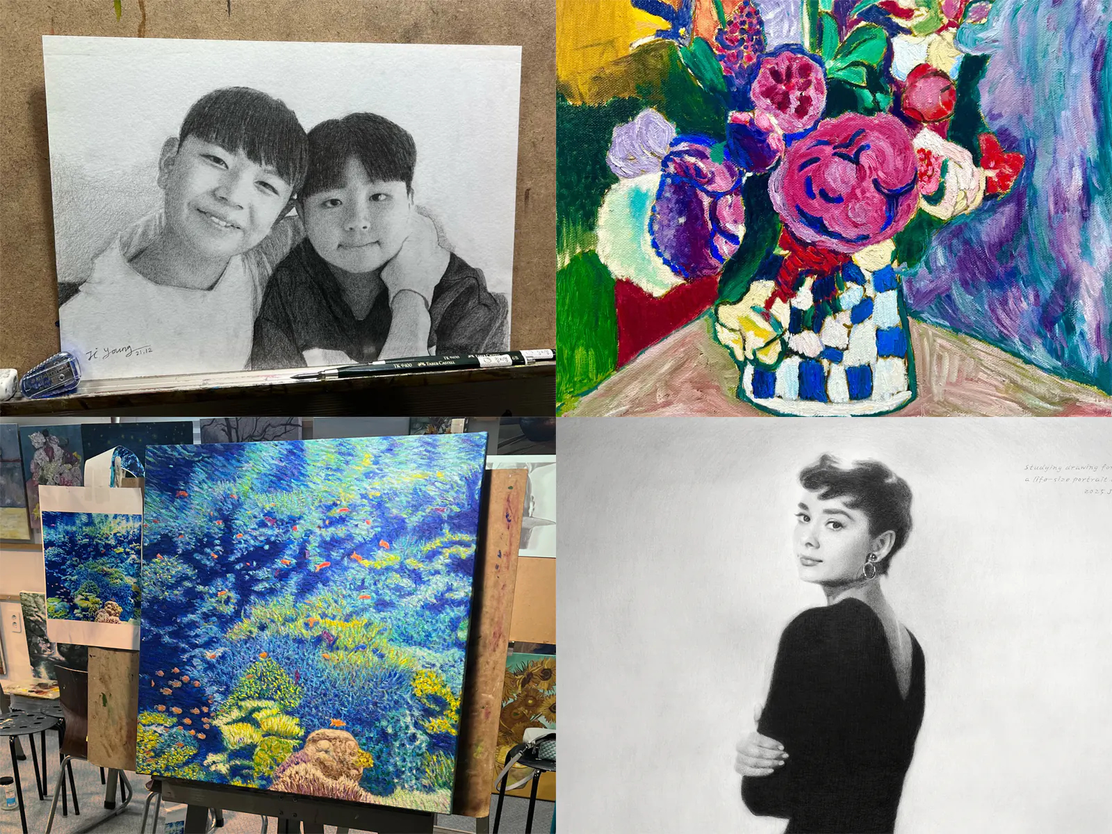 상담 후 맞춤 기초 수업으로 완성한 성인 취미미술 유화·뎃생 작품 예시